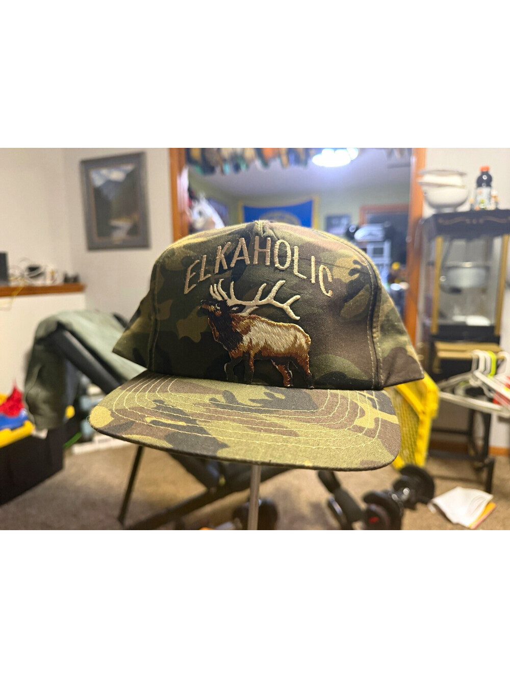Vintage 90s Sportsman Elkaholic Camo Adjustable SnapBack Hat / Elk